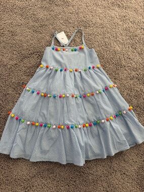 Tommy Bahama Blue and White Striped Dress with Multicolor Pom Trim